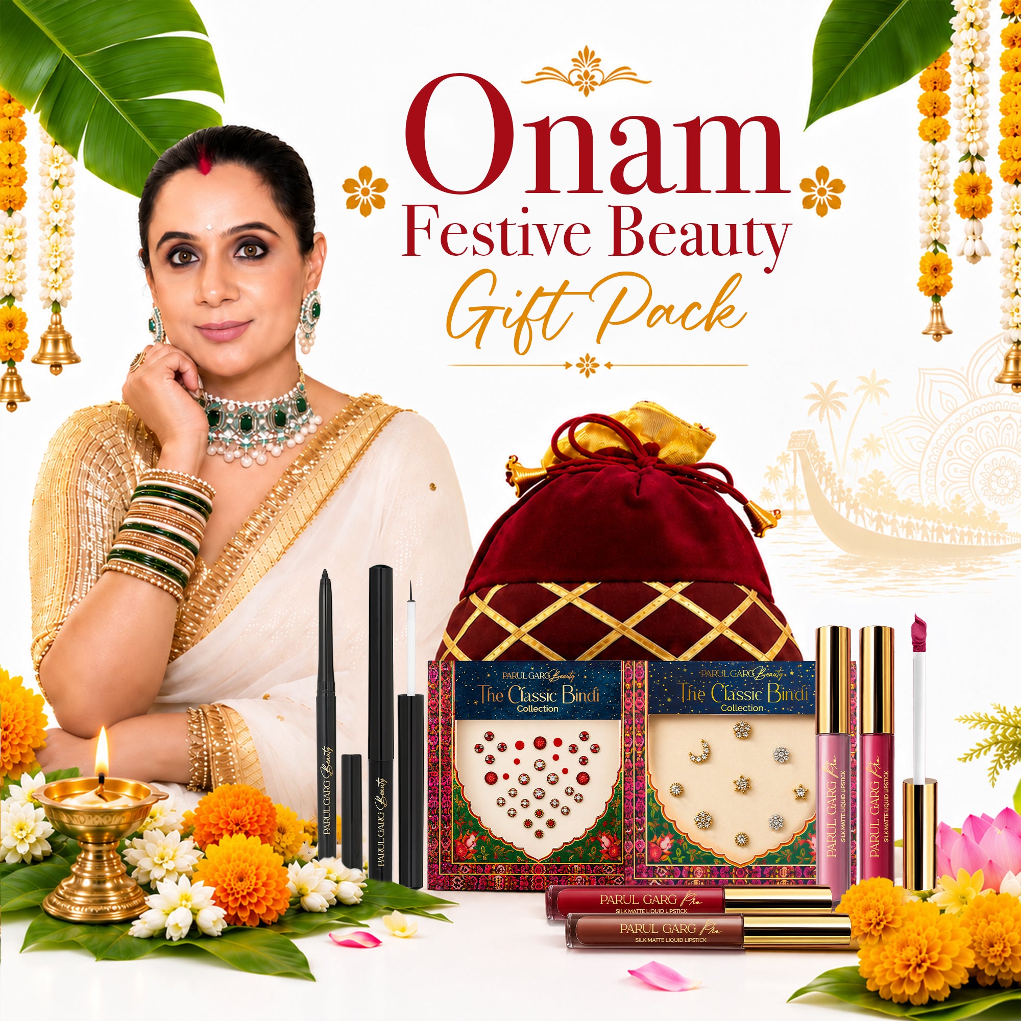 Onam Festive Beauty Gift Pack | 4 Bestselling Silk Matte Lip Shades – Red, Pink, Brown & Nude, Black Kajal & Eyeliner, Suhaag Bindi, Nose Bindi & Traditional Maroon Potli