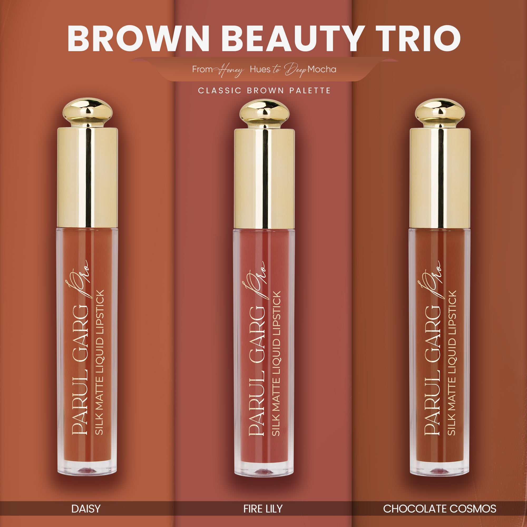 Brown Beauty Trio | 3 Full-Size Silk Matte Liquid Lipsticks | Long-Lasting & No Transfer