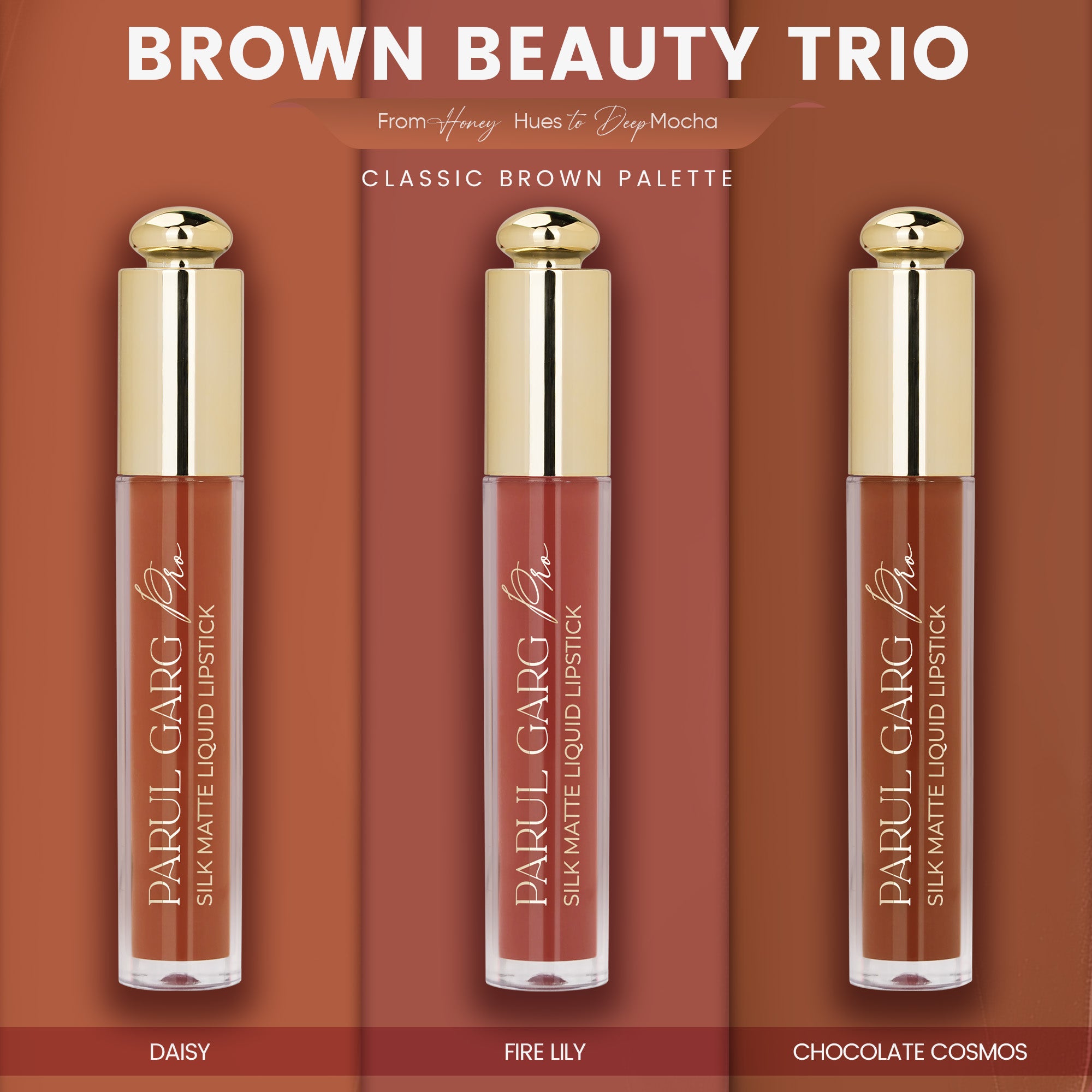 Brown Beauty Trio | 3 Full-Size Silk Matte Liquid Lipsticks | Long-Lasting & No Transfer