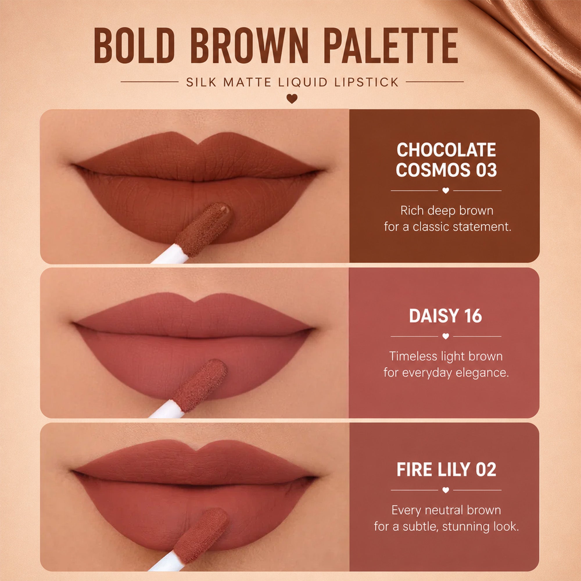 Brown Beauty Trio | 3 Full-Size Silk Matte Liquid Lipsticks | Long-Lasting & No Transfer