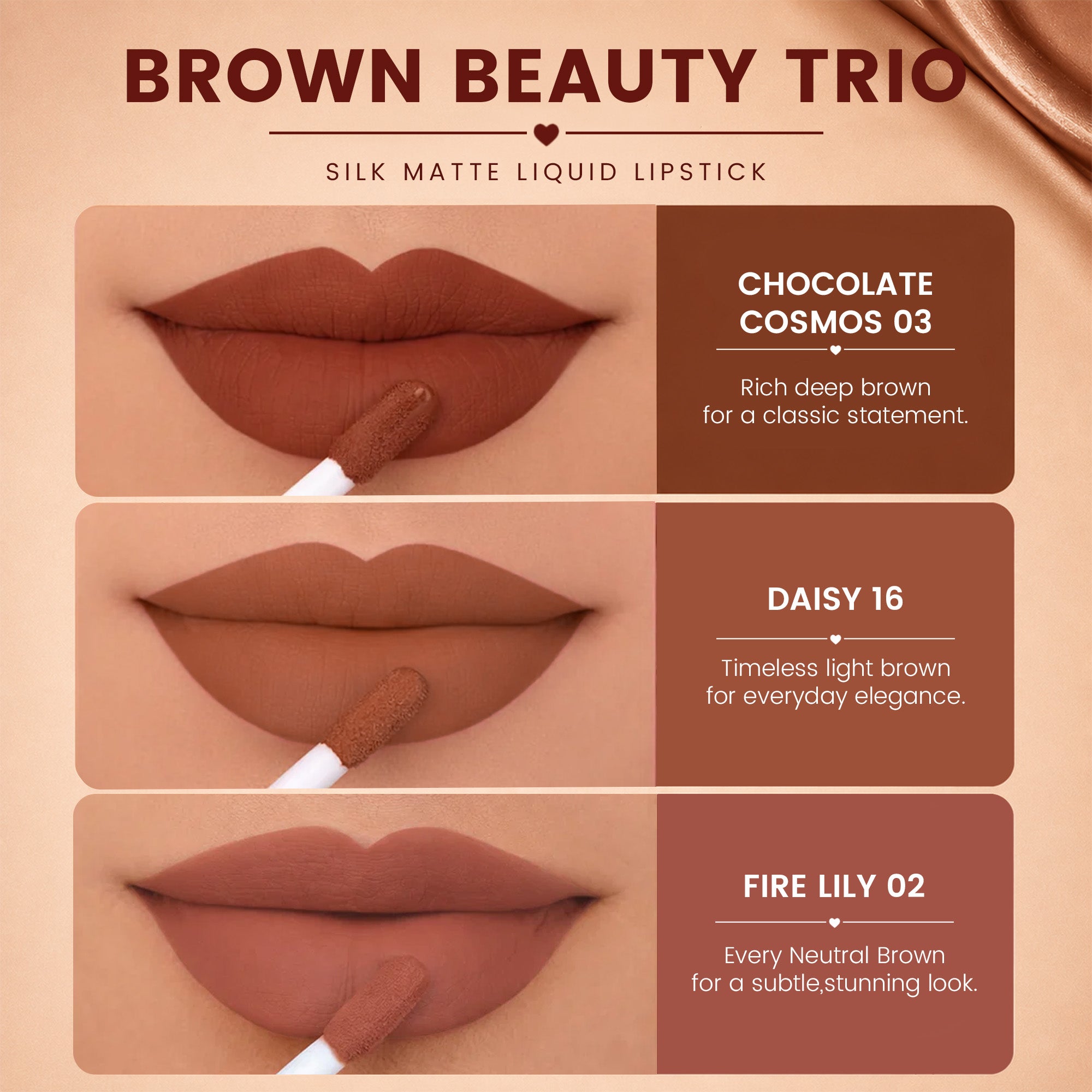 Brown Beauty Trio | 3 Full-Size Silk Matte Liquid Lipsticks | Long-Lasting & No Transfer