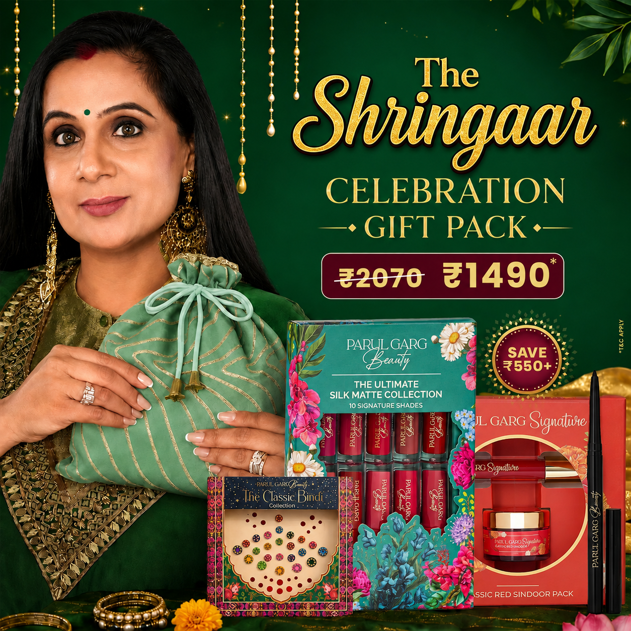 The Shringaar Celebration Pack | 10-in-1 Bestselling Lip Collection, Kajal, Sindoor, Utsav Bindi Card & Traditional Green Potli