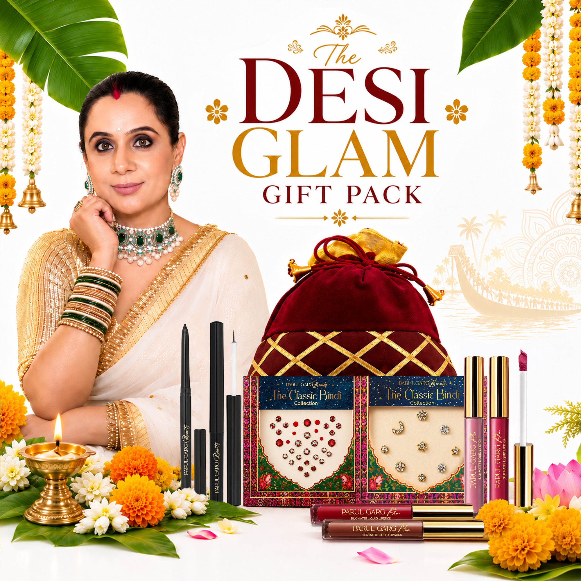 The Desi Glam Gift Pack | 4 Bestselling Lip, Black Kajal & Eyeliner, Suhaag & Nose Bindi
