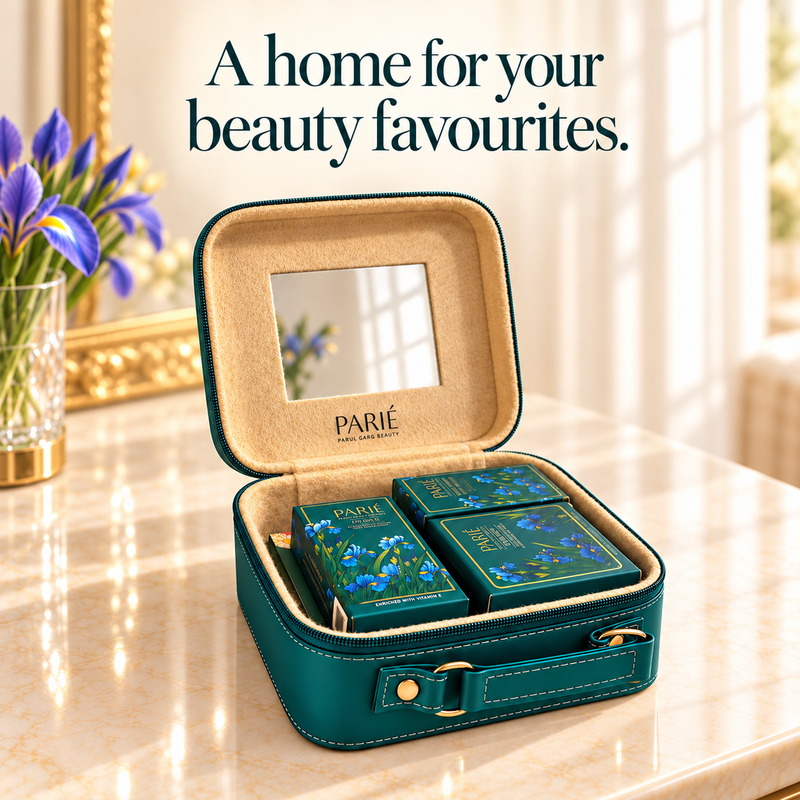 PARIÉ Signature Vanity Case | Makeup Organiser with Built-In Mirror & Carry Handle | Signature Teal Colour