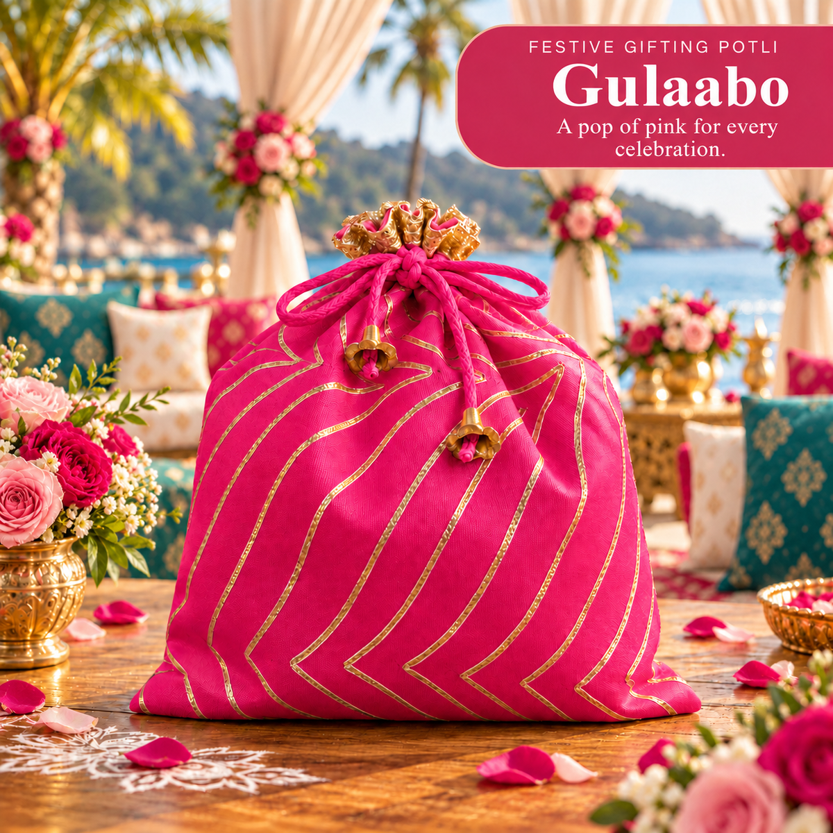Festive Gifting Potli with Golden Gota Patti | Gulaabo – Fuchsia Pink