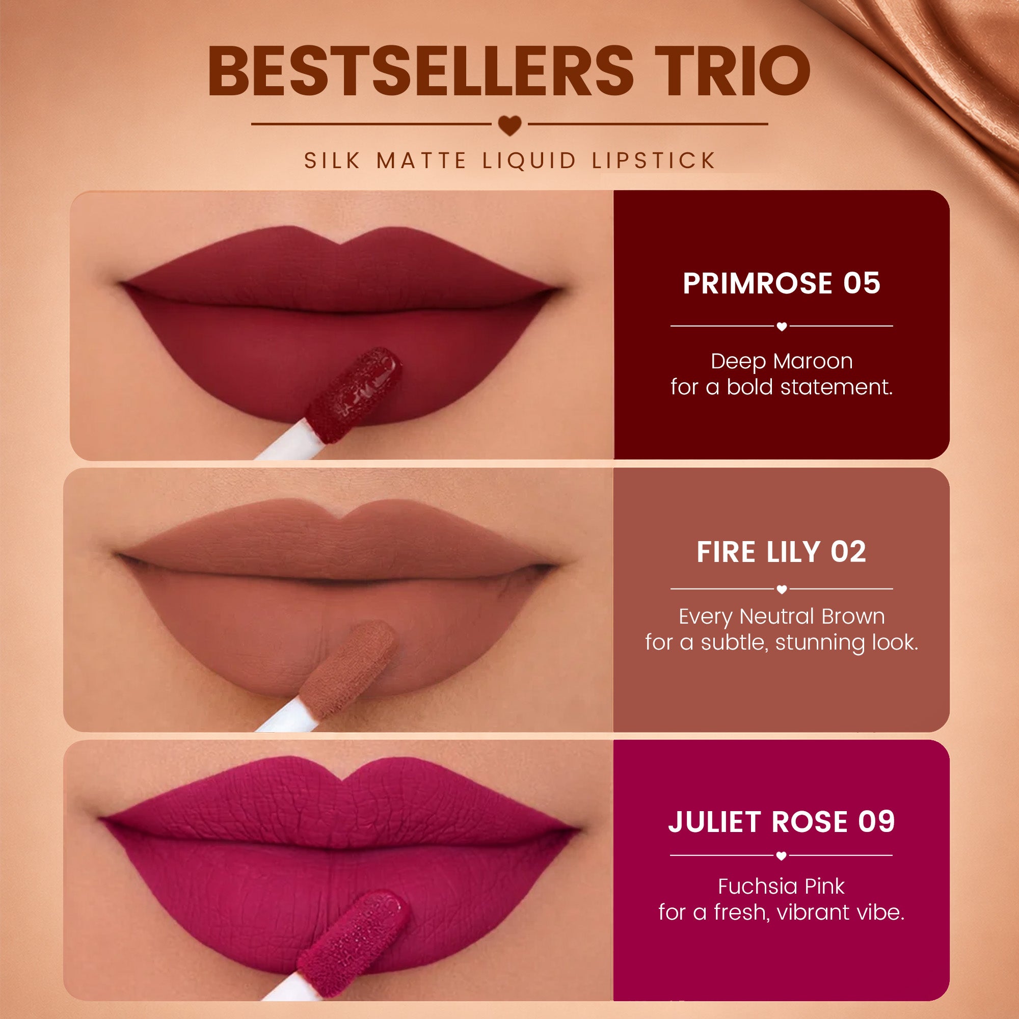 Bestsellers Trio | 3 Full-Size Silk Matte Liquid Lipsticks | Long-Lasting & No Transfer