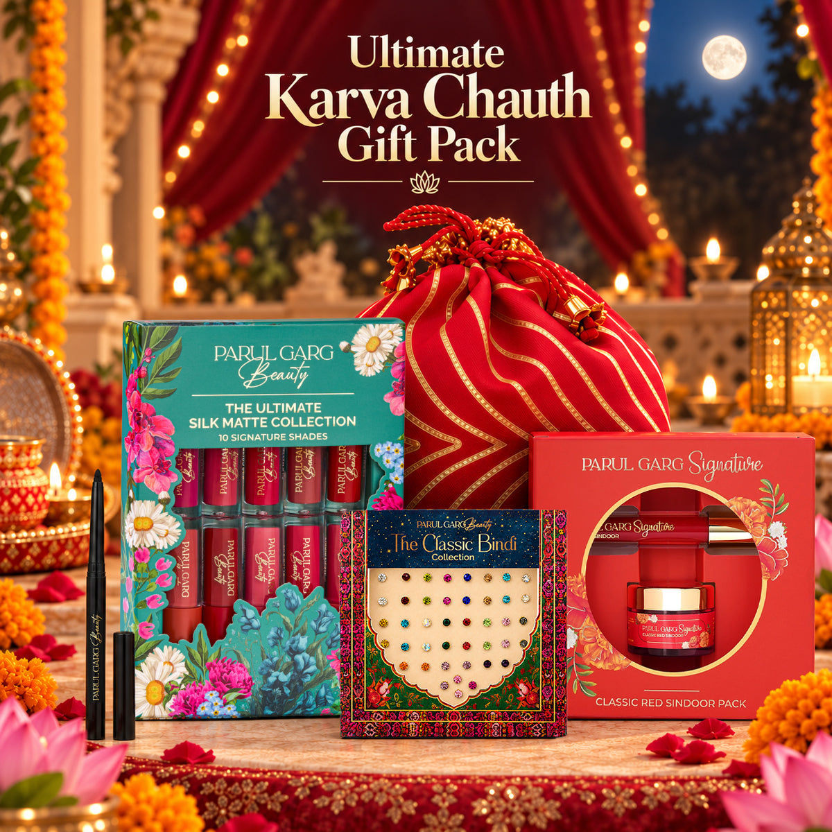 Ultimate Karva Chauth Gift Pack | Sindoor, 10 Mini Lipsticks, Kajal & Multicolour Bindi Card