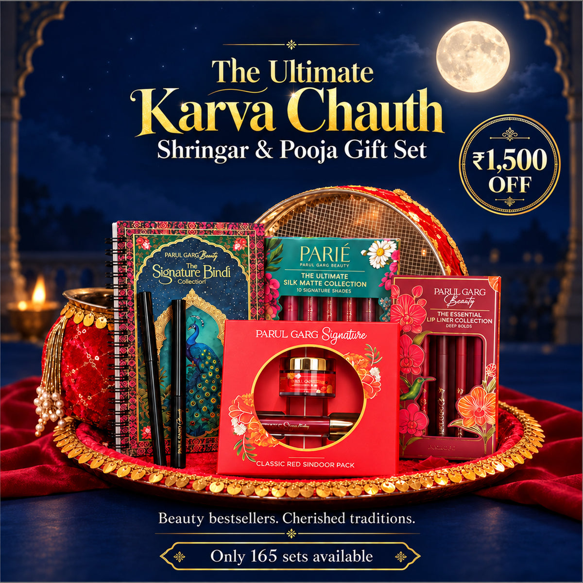 The Ultimate Karva Chauth Shringar & Pooja Gift Set | Beauty Bestsellers with Thali, Lota & Channi | 7-Piece Festive Gift