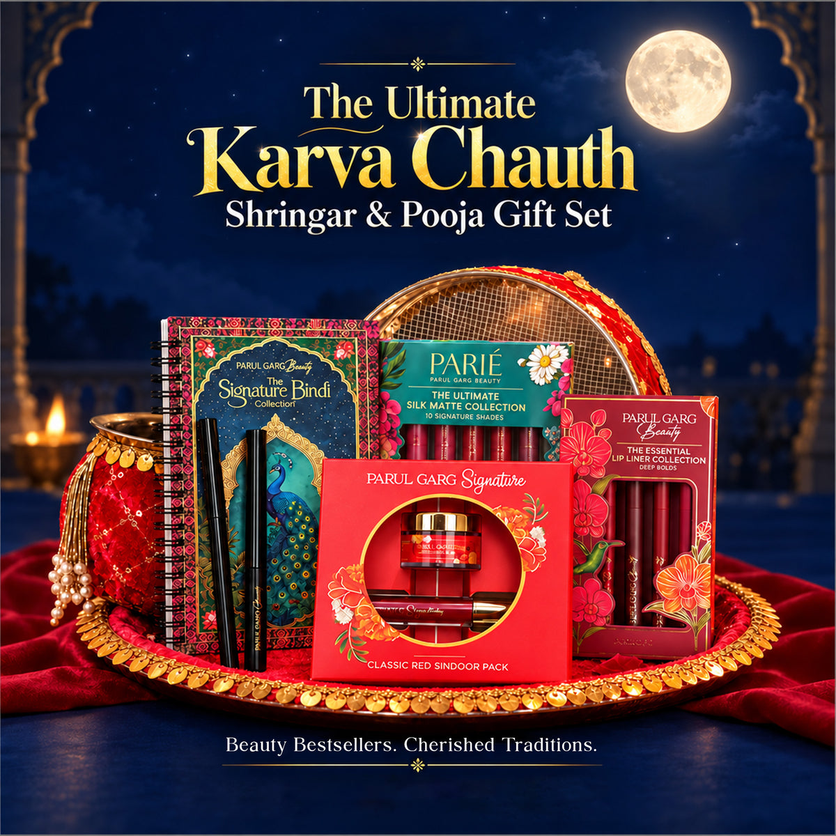 The Ultimate Karva Chauth Shringar & Pooja Gift Set | Beauty Bestsellers with Thali, Lota & Channi | 7-Piece Festive Gift