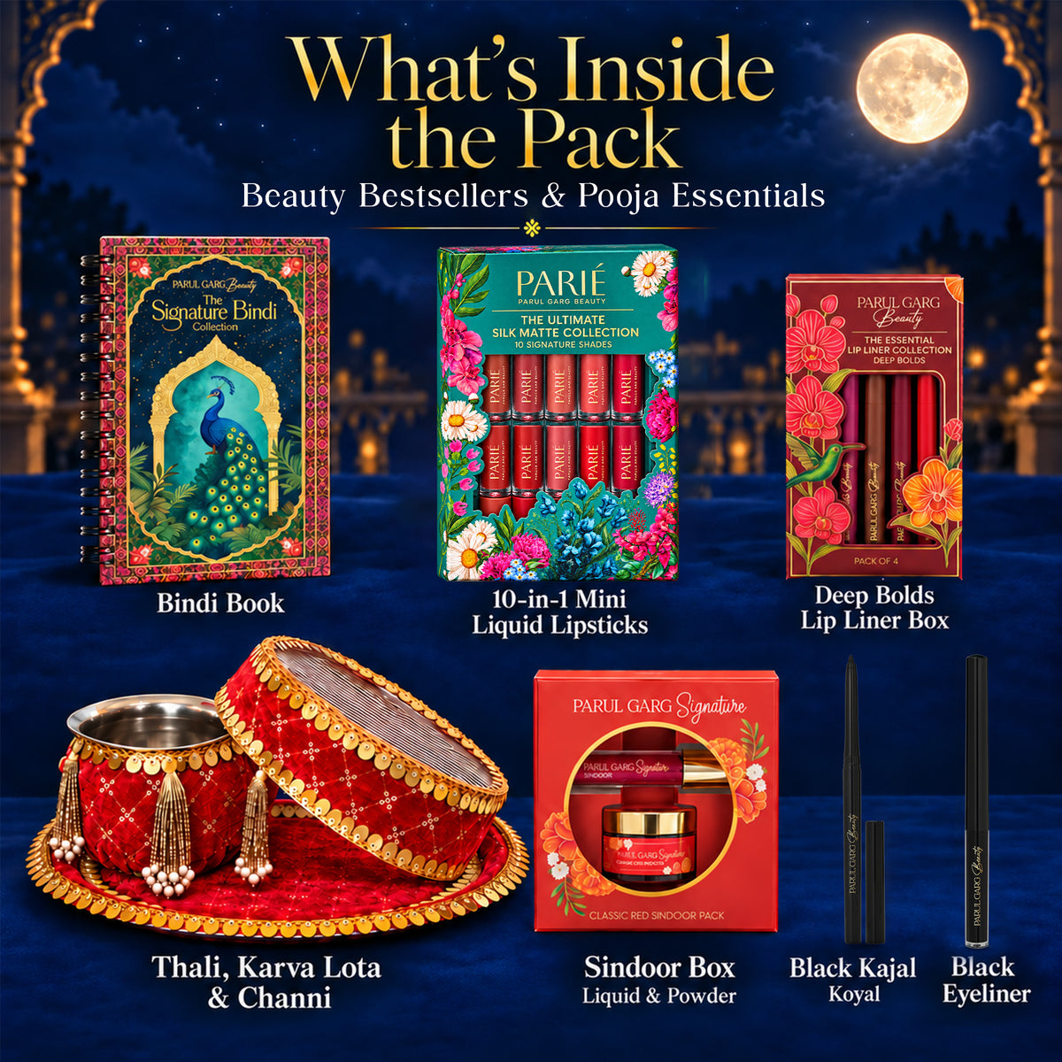 The Ultimate Karva Chauth Shringar & Pooja Gift Set | Beauty Bestsellers with Thali, Lota & Channi | 7-Piece Festive Gift
