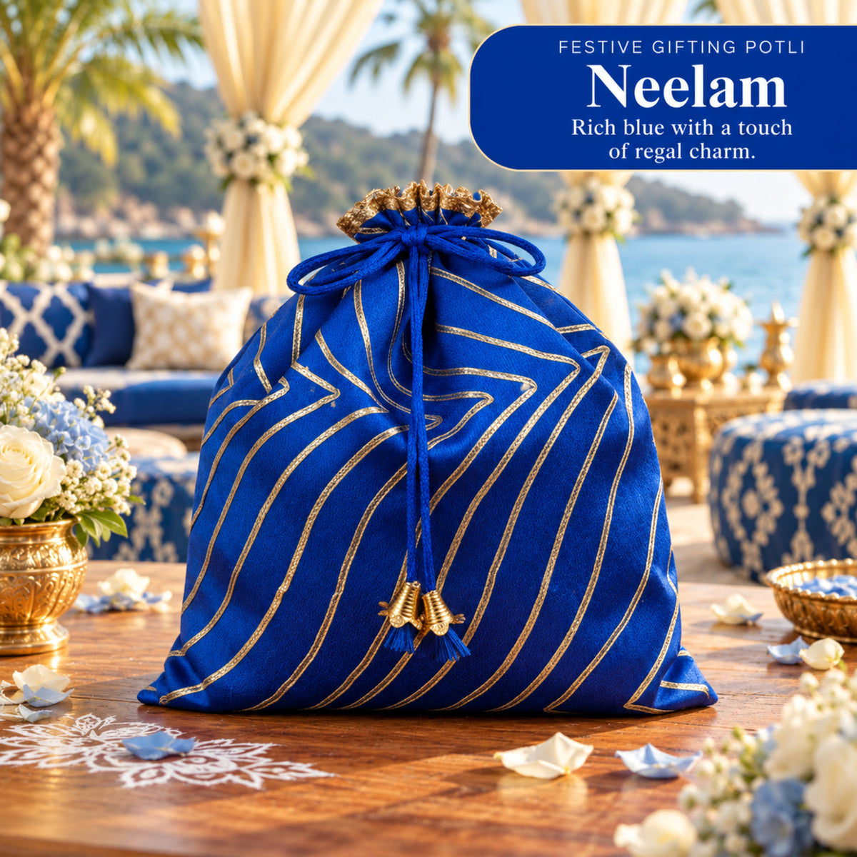 Festive Gifting Potli with Golden Gota Patti | Neelam – Deep Blue