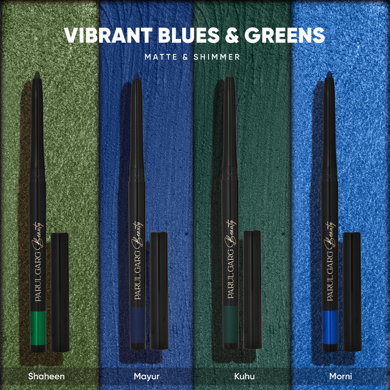 Vibrant Blues & Greens Kajal 4-Pack - Shade Display | Bold Eye Look | Parul Garg Beauty