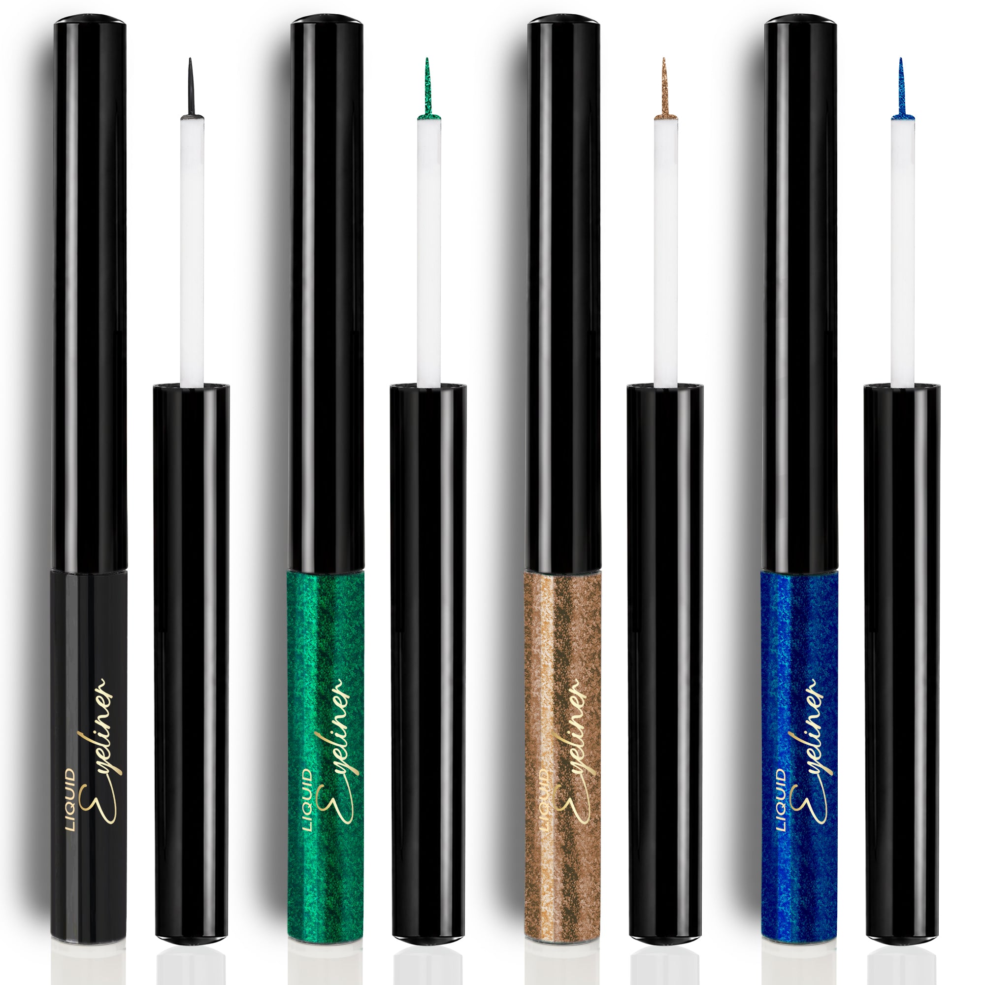 The Statement Eyes Pack of 4 | Black Matte, Emerald Green, Sapphire Blue & Bronze Shimmer Liquid Eyeliners | Waterproof • Long-Lasting