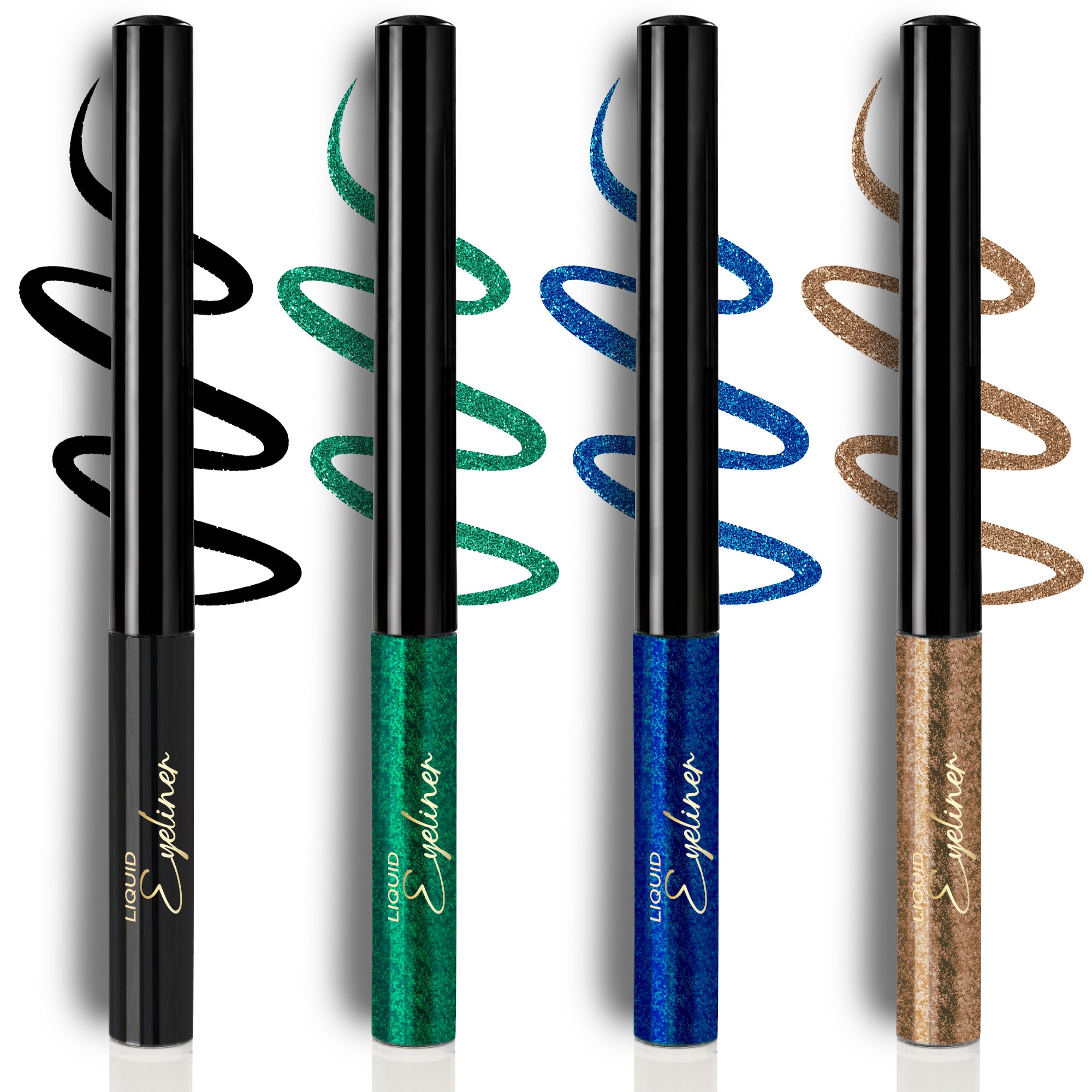 The Statement Eyes Pack of 4 | Black Matte, Emerald Green, Sapphire Blue & Bronze Shimmer Liquid Eyeliners | Waterproof • Long-Lasting