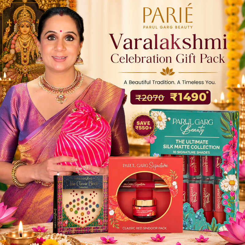 Varalakshmi Celebration Gift Pack | 10-in-1 Bestselling Lip Collection, Kajal, Sindoor, Utsav Bindi Card & Traditional Pink Potli