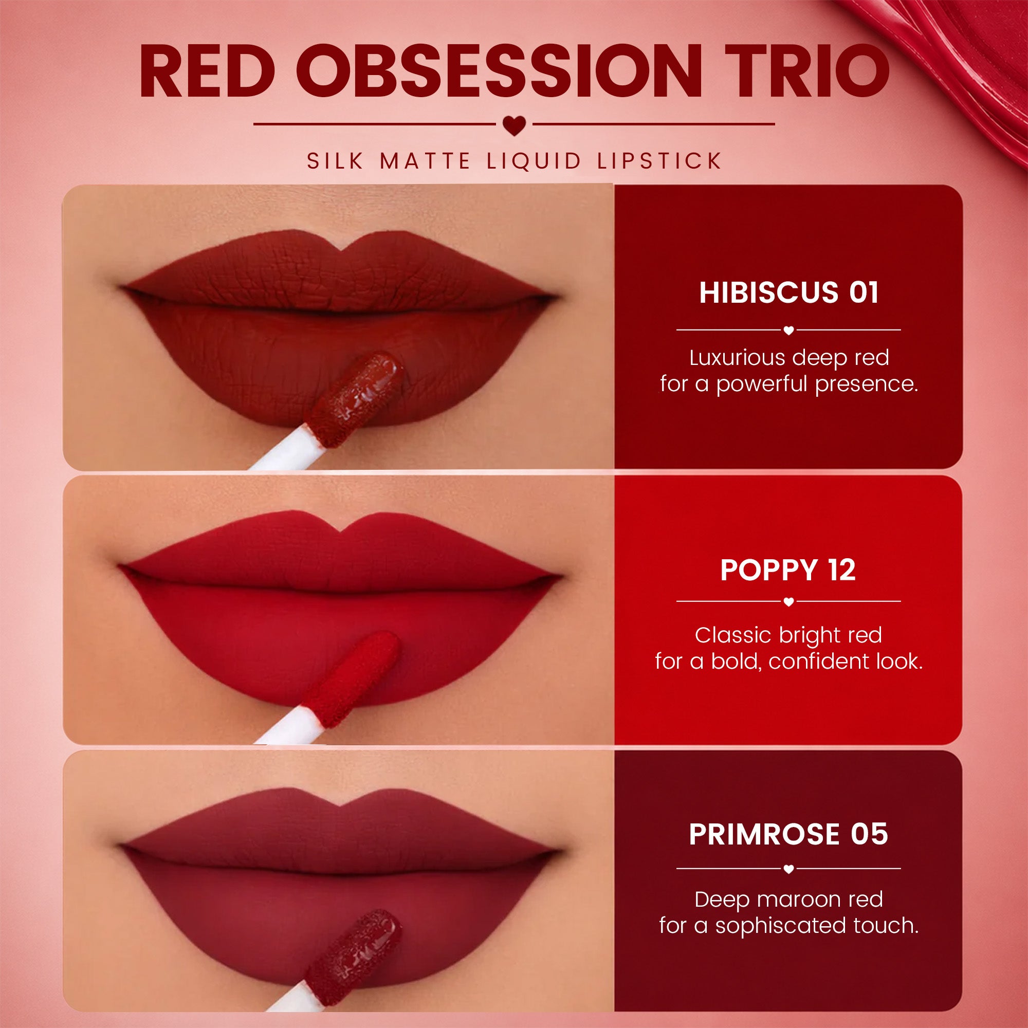 Red Obsession Trio | 3 Full-Size Silk Matte Liquid Lipsticks | Long-Lasting & No Transfer