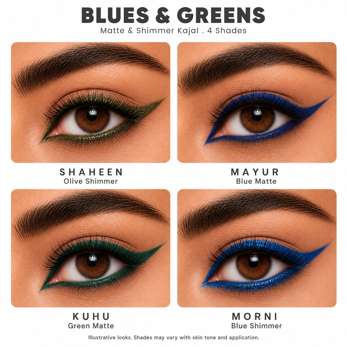 Bold Define Blues & Greens Kajal Set | Matte & Shimmer Shades | Pack of 4