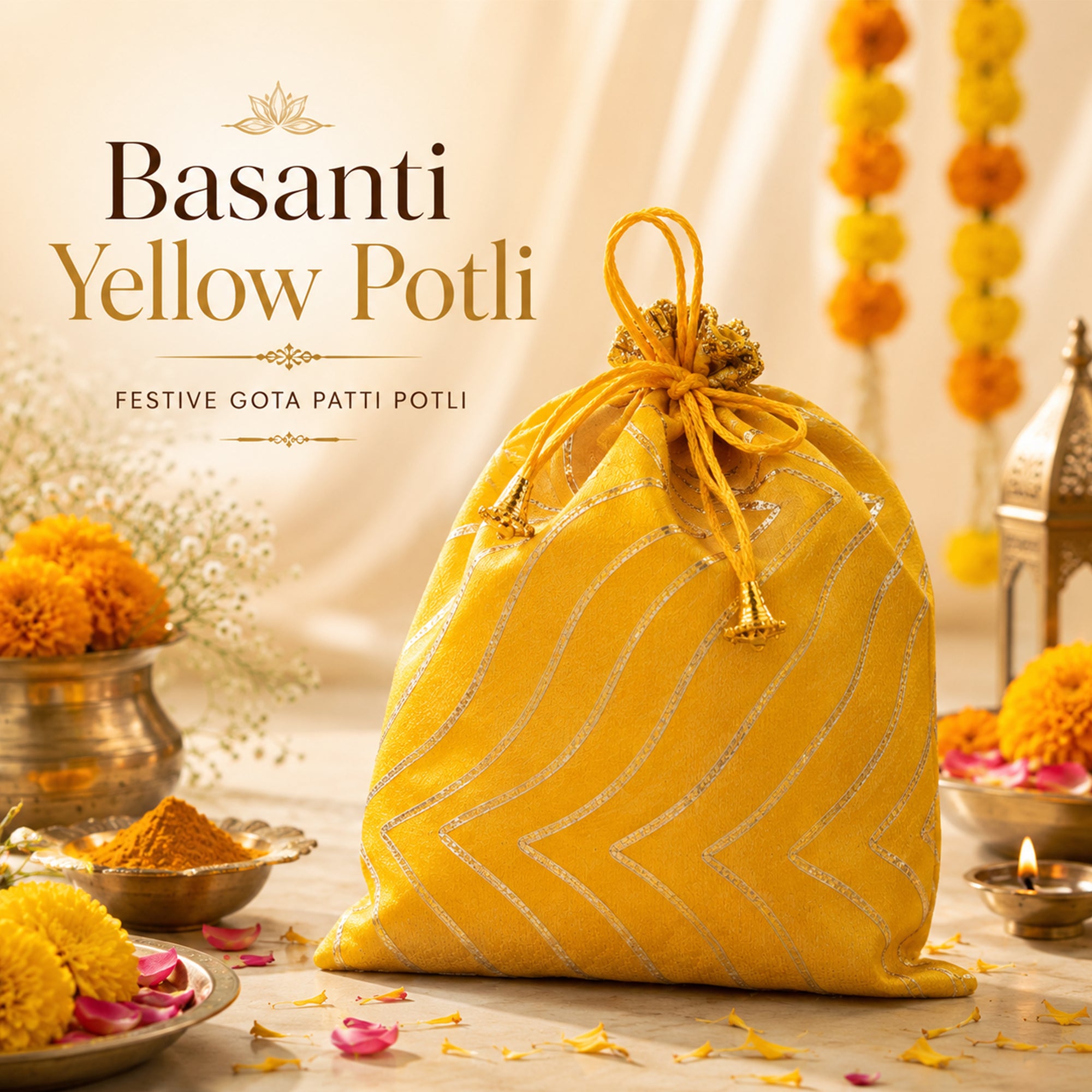 Basanti Yellow Potli, a reusable festive gota patti potli for Haldi gifting
