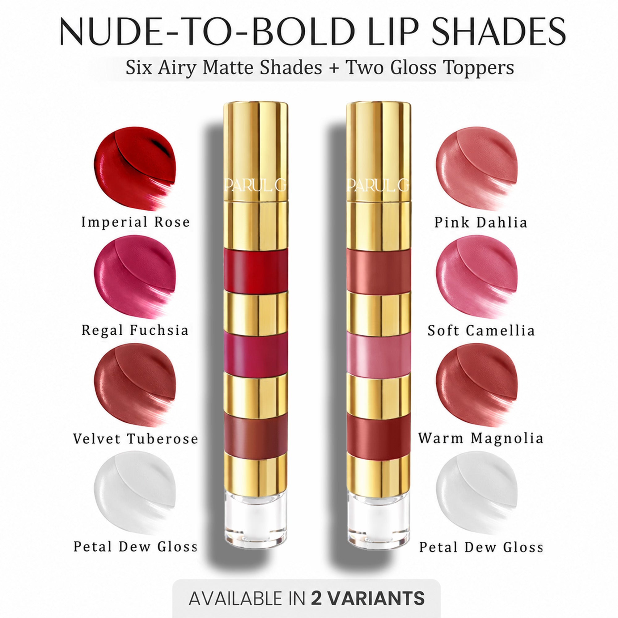 GLOSSMATTE 4-in-1 Lip Stack Duo | Nude-to-Bold Lip Shades | 6 Matte Lipsticks & 2 Gloss Toppers