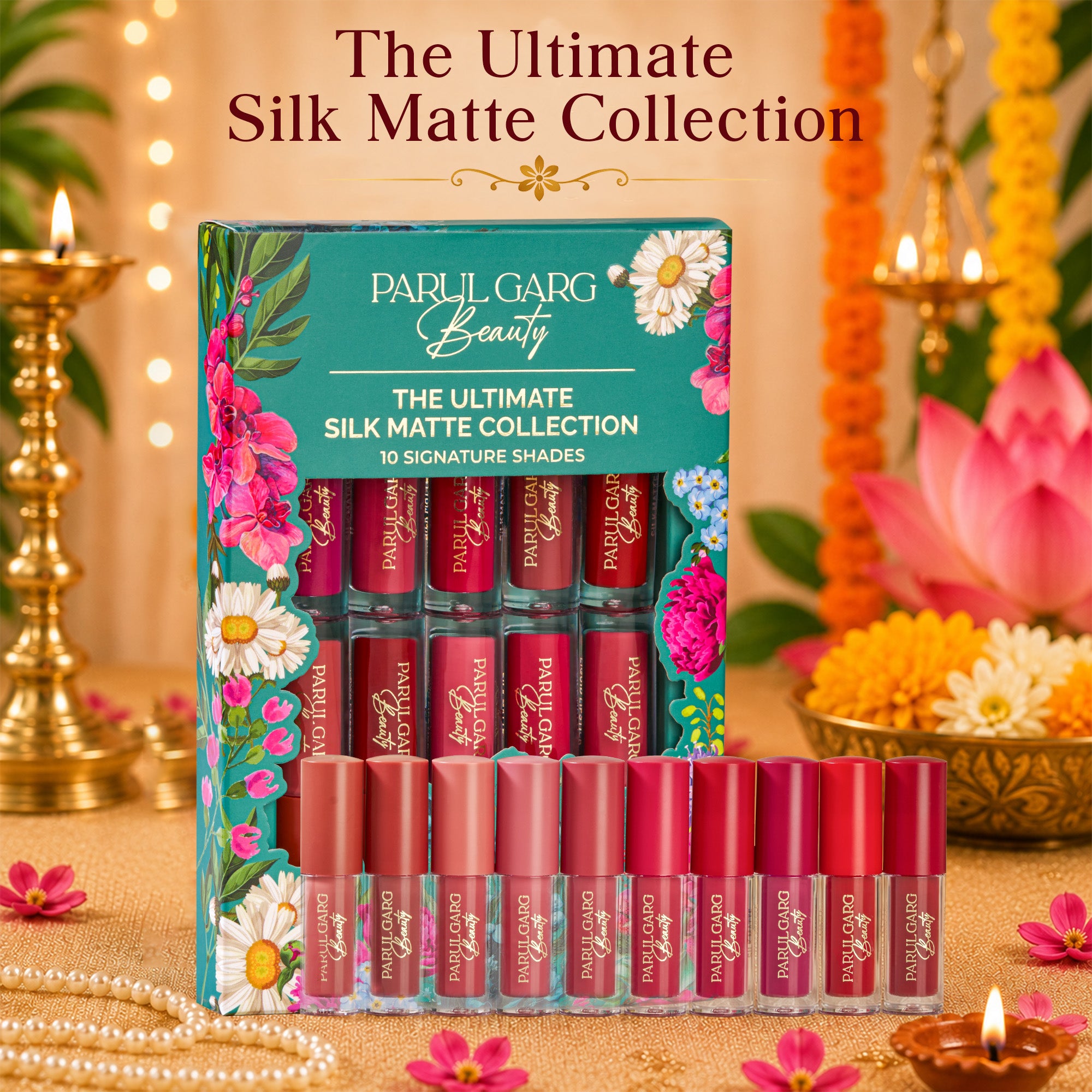 The Timeless Traditions Gift Pack | 10-in-1 Lip Collection, Kajal, Sindoor, Utsav Bindi Card & Traditional Potli