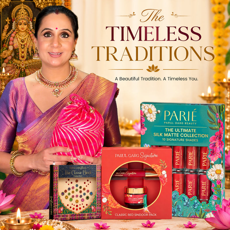 The Timeless Traditions Gift Pack | 10-in-1 Lip Collection, Kajal, Sindoor, Utsav Bindi Card & Traditional Potli