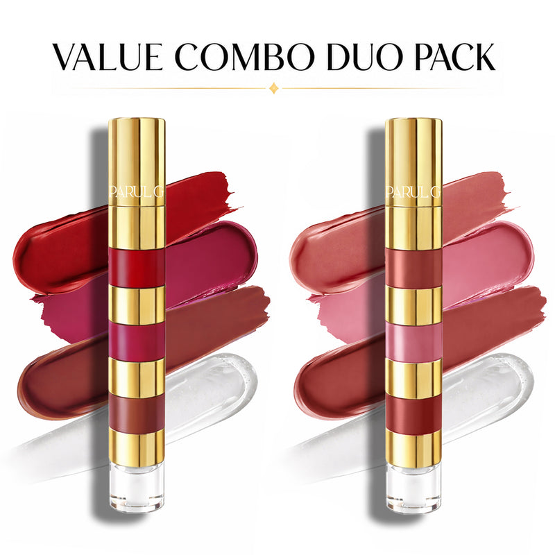 GLOSSMATTE 4-in-1 Lip Stack Duo | Nude-to-Bold Lip Shades | 6 Matte Lipsticks & 2 Gloss Toppers